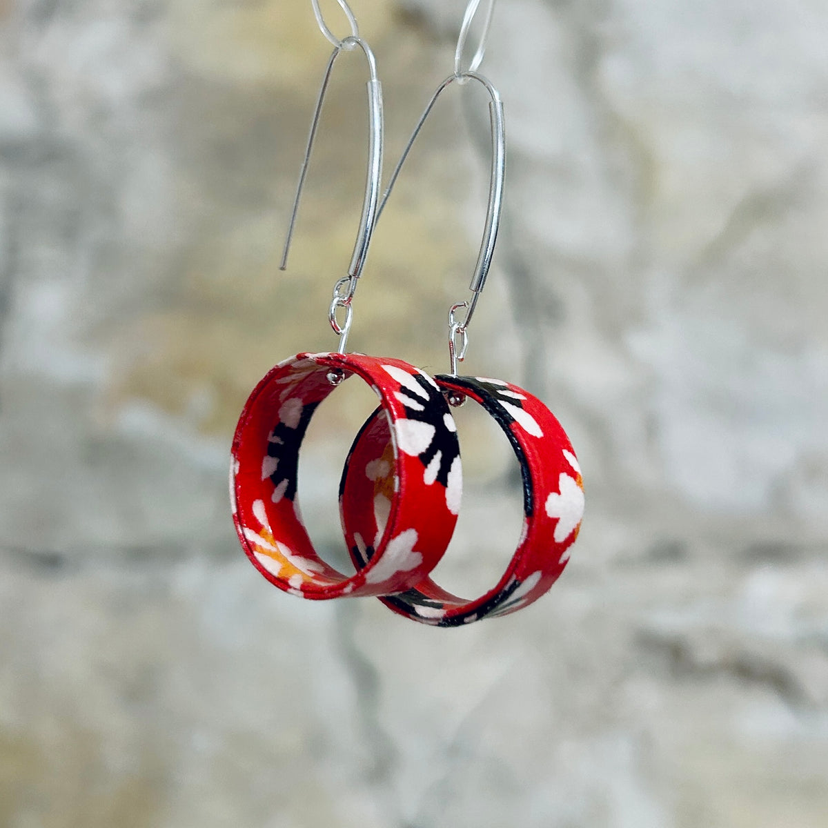Earrings Red White Japanese Paper Hoop Style