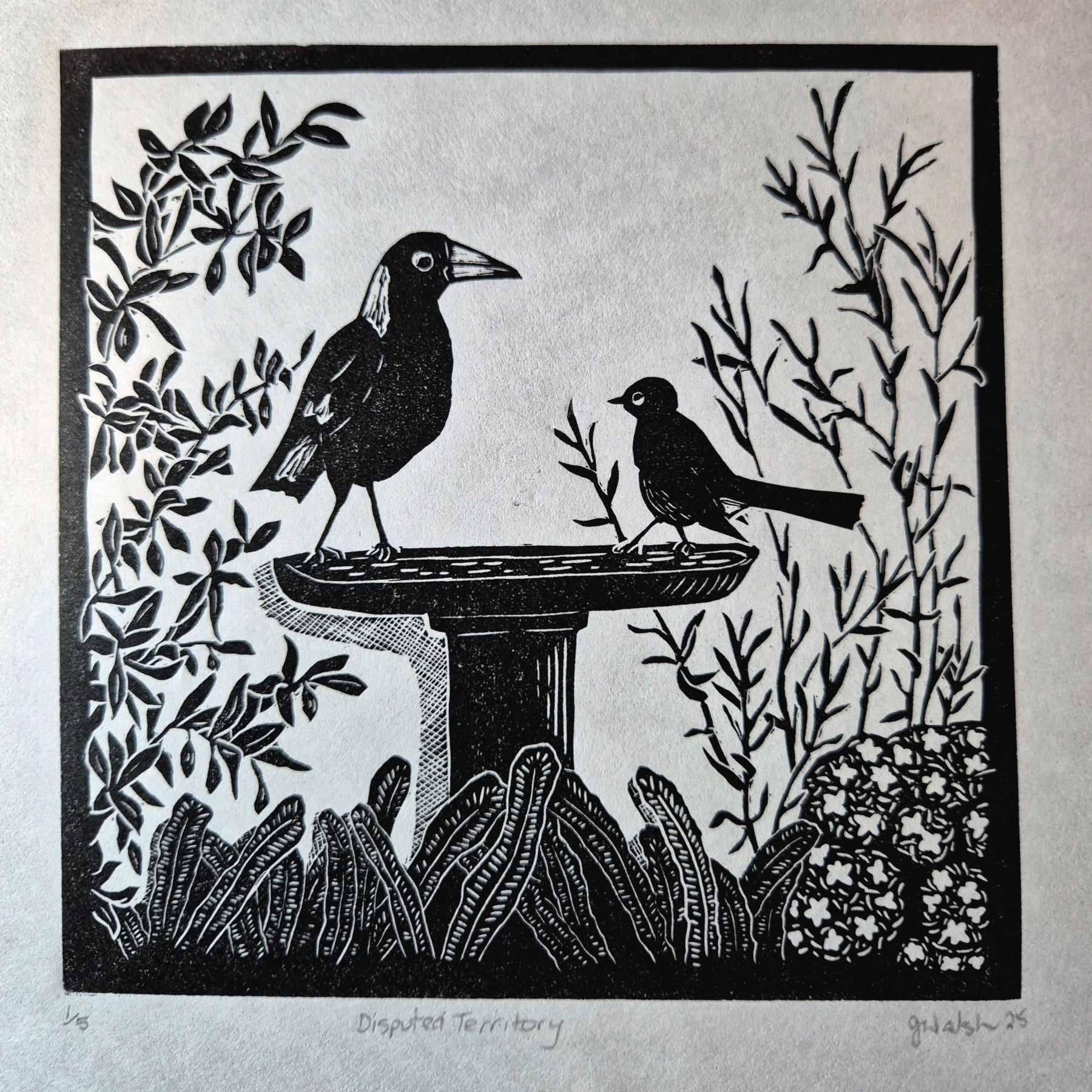 Original linocut artwork birds on birdbath title Disputed Territory