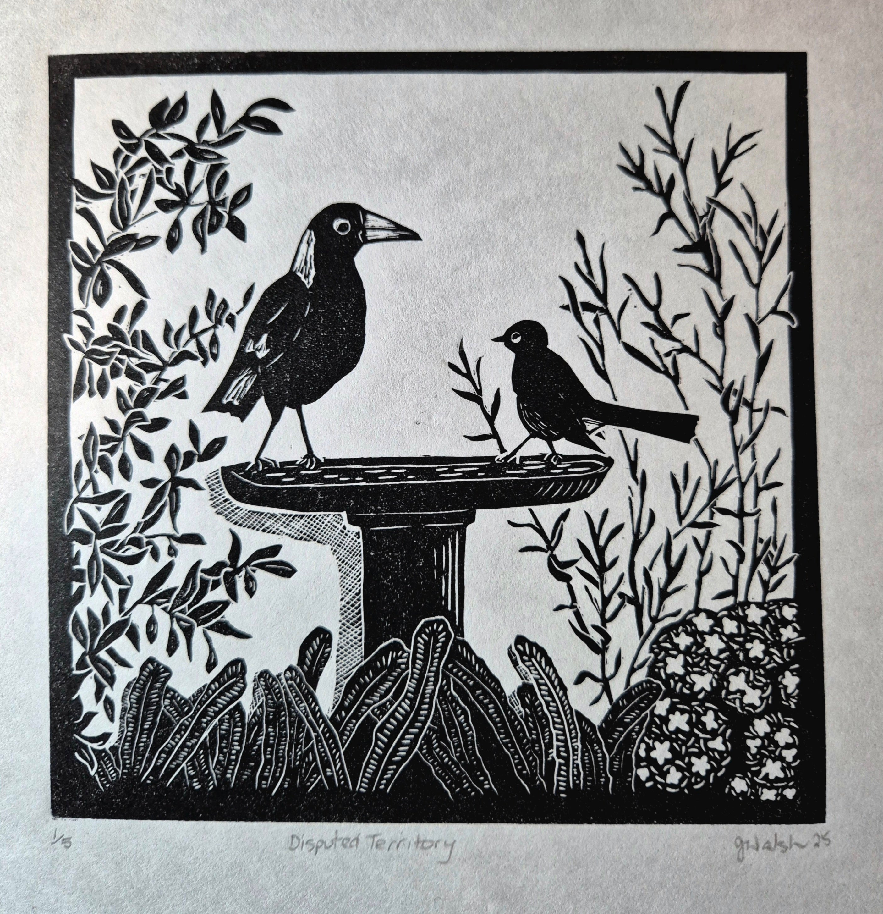 Original linocut artwork birds on birdbath title Disputed Territory