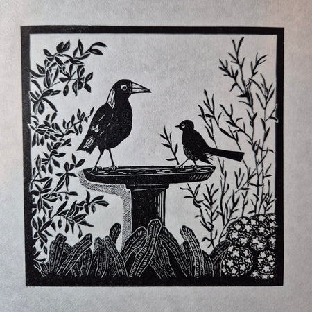 Original linocut artwork birds on birdbath title Disputed Territory