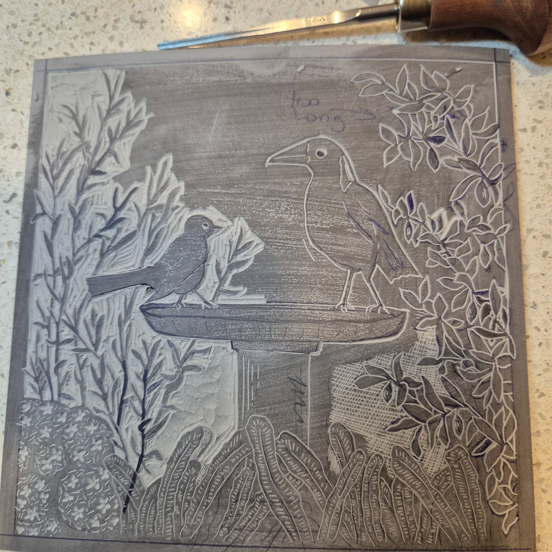 Original linocut artwork birds on birdbath title Disputed Territory