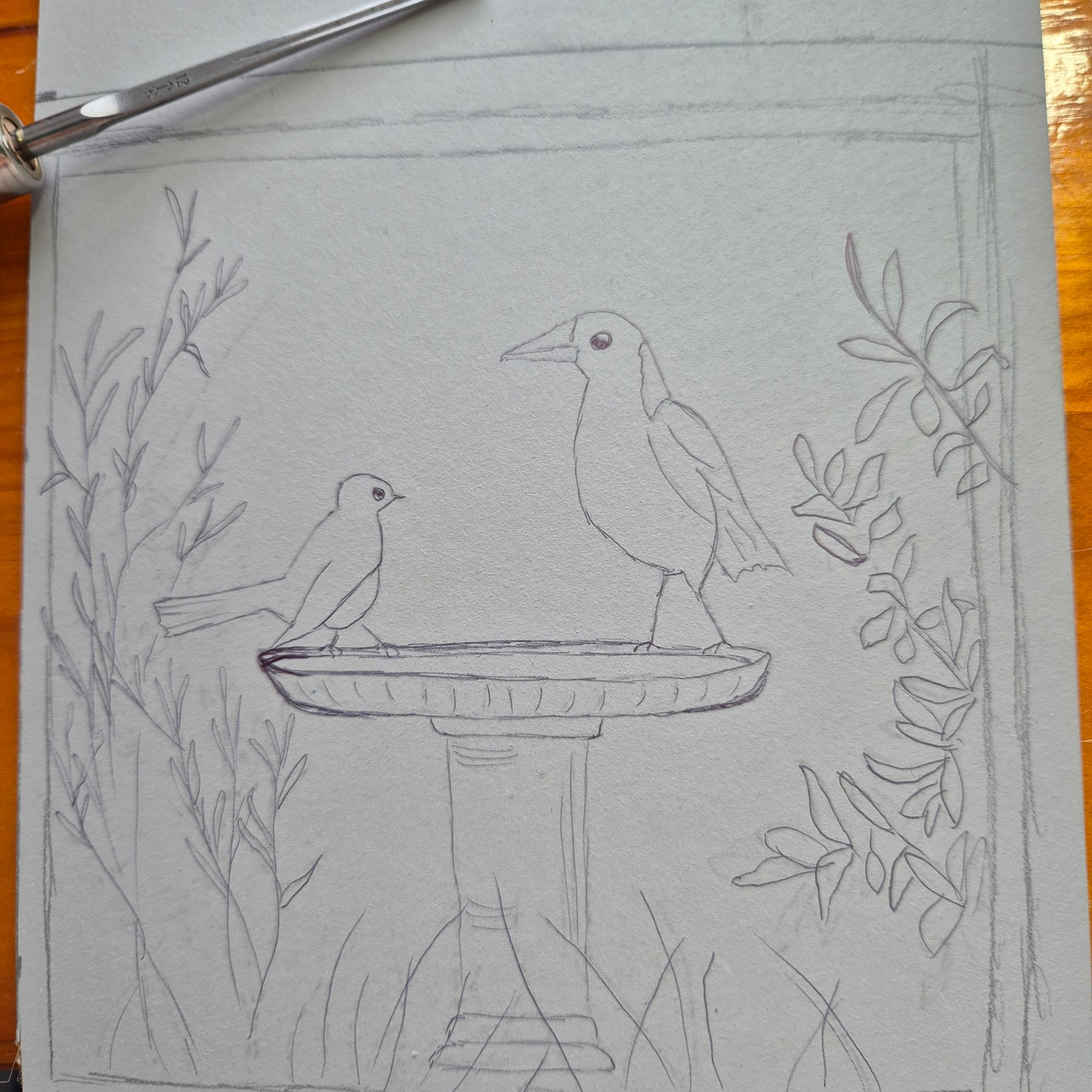 Original linocut artwork birds on birdbath title Disputed Territory