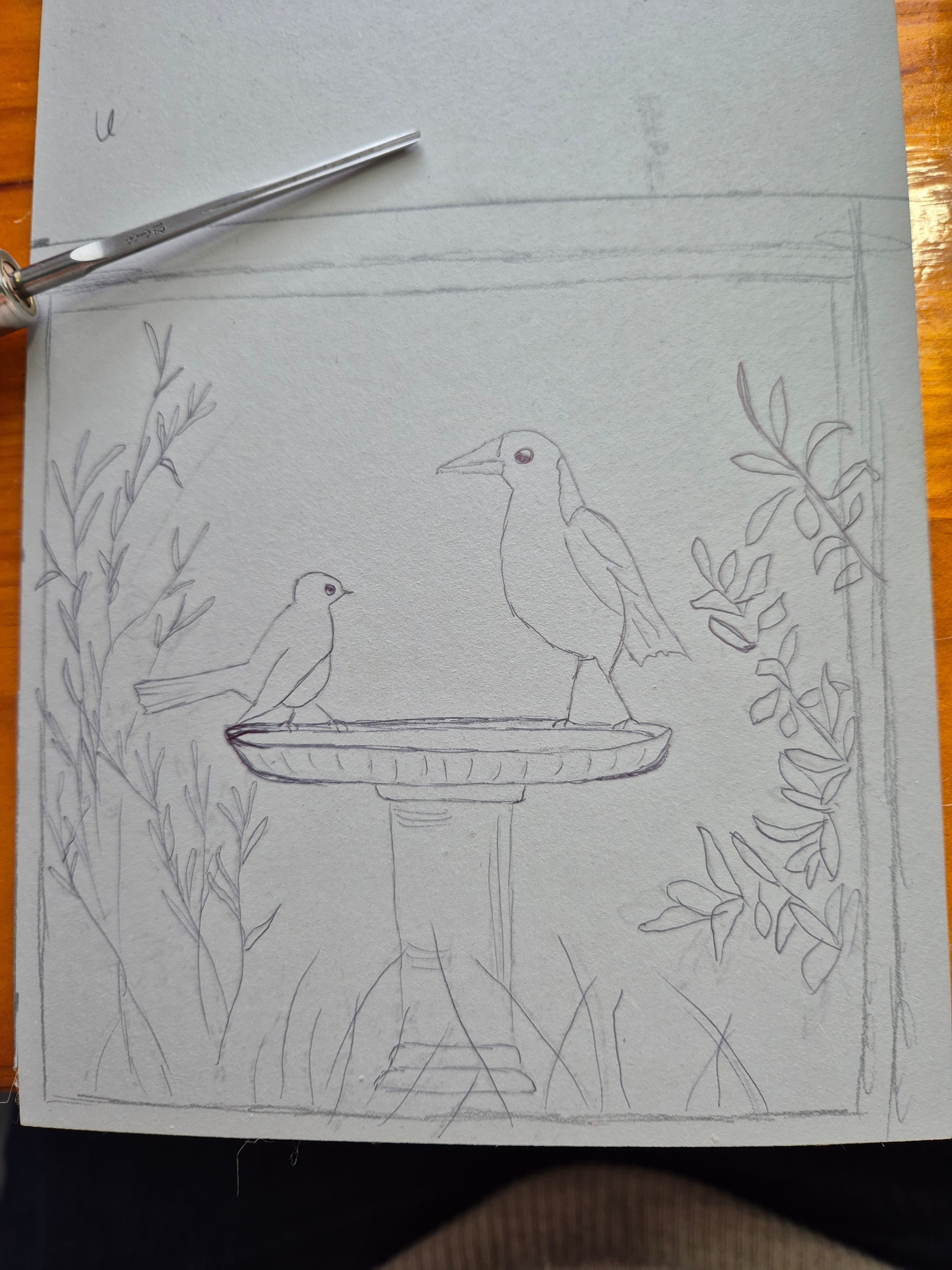 Original linocut artwork birds on birdbath title Disputed Territory