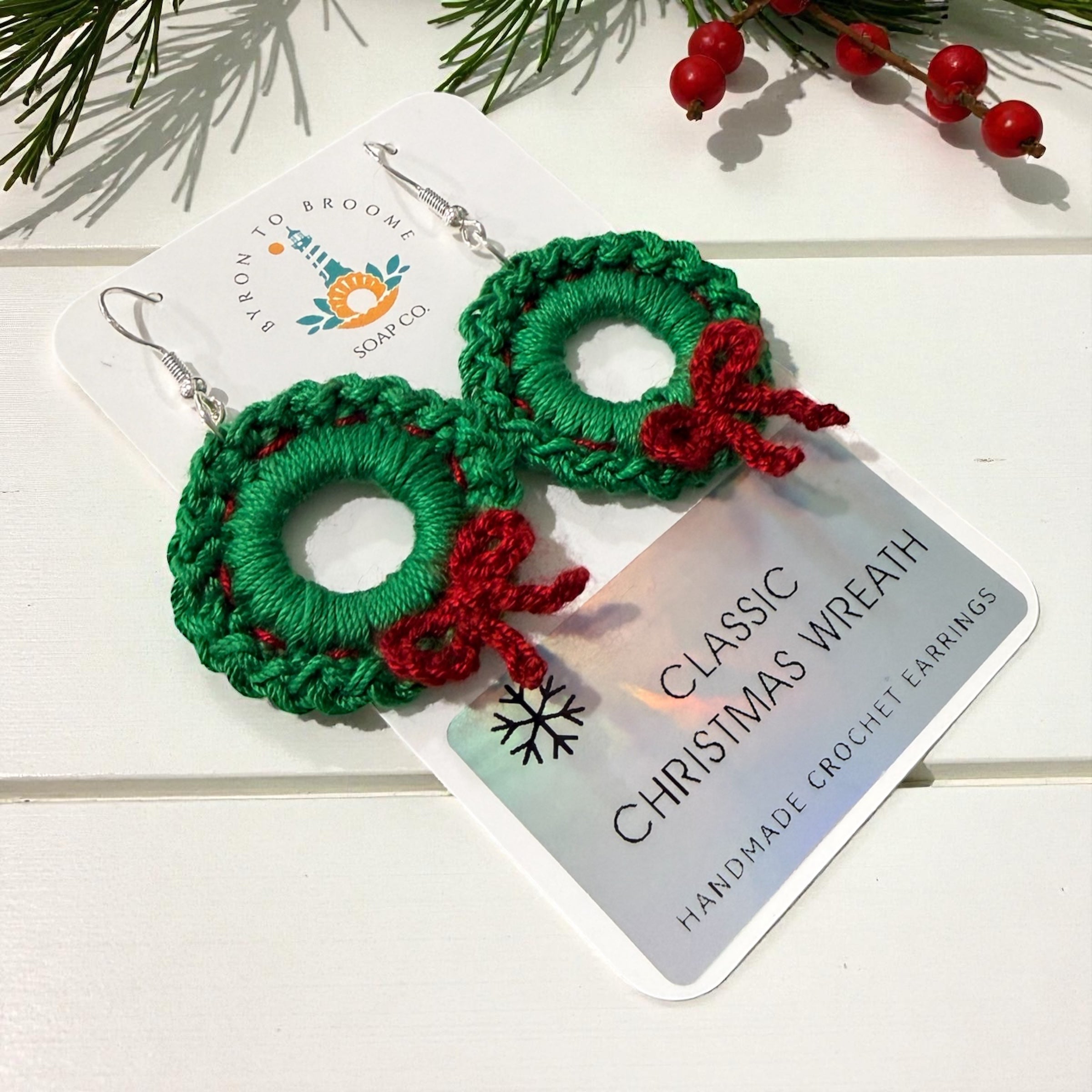 Crochet Earrings - Classic Christmas Wreath