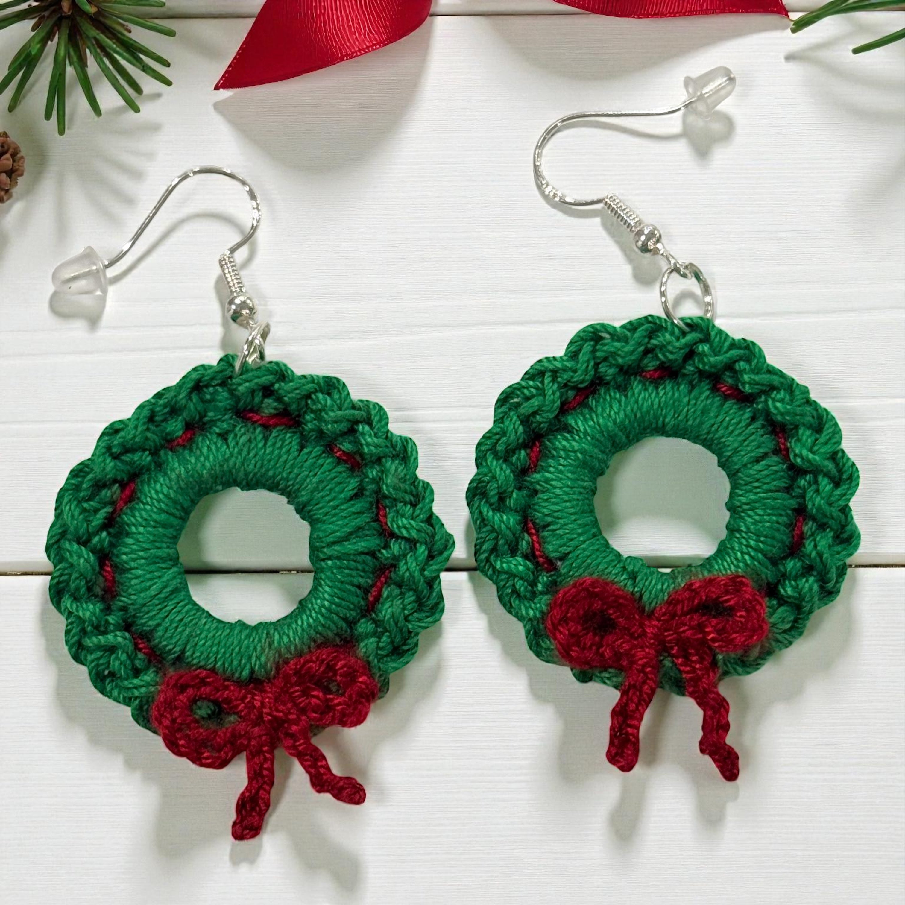 Crochet Earrings - Classic Christmas Wreath