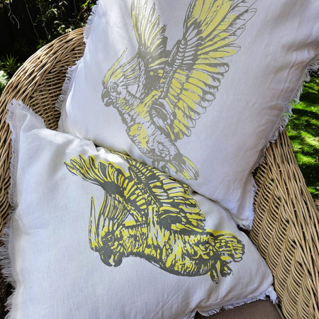 Hand Screen Printed Cockatoo- French Linen cushion covers (2 sided)