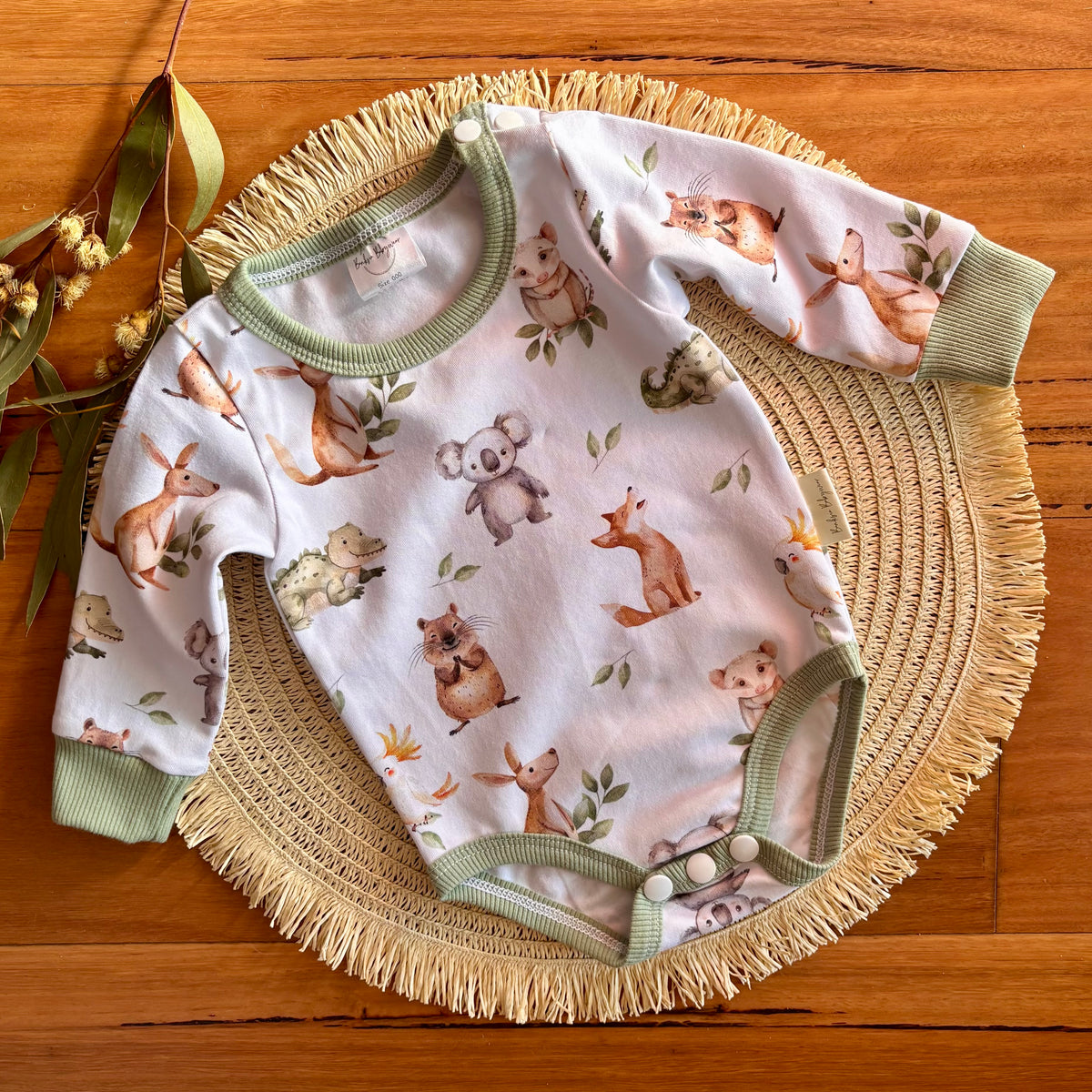 Baby Bodysuit and Pants Set | Green Aussie Animals | Size premmie to 2 | Made to order