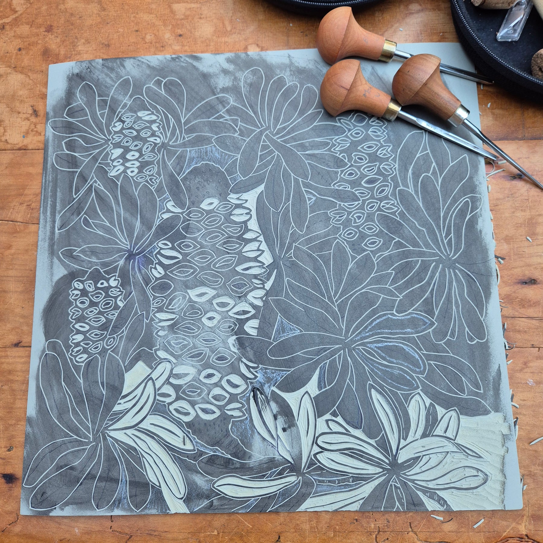 Banksia linocut chine colle artwork Awagami paper