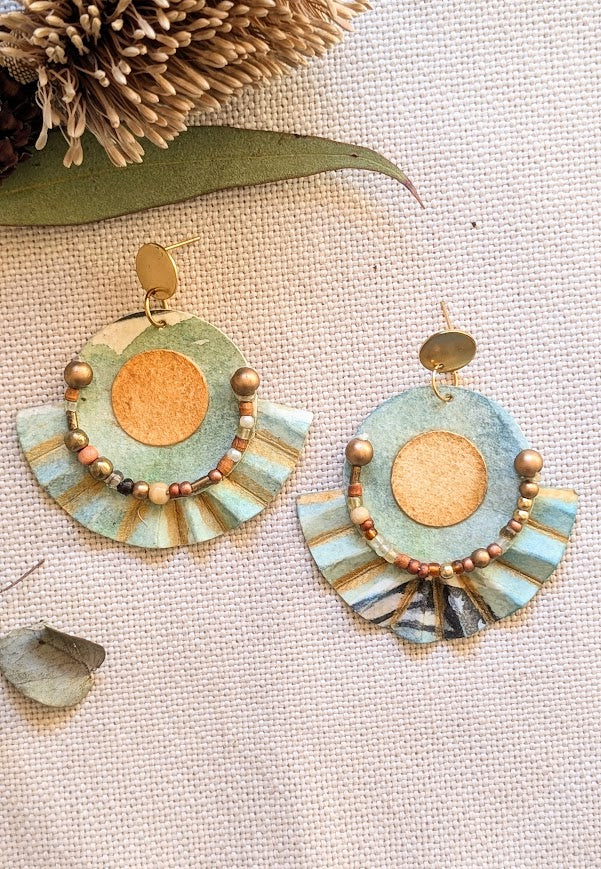Sustainable Statement Earrings – Handcrafted Paper Fan with Beaded Detail