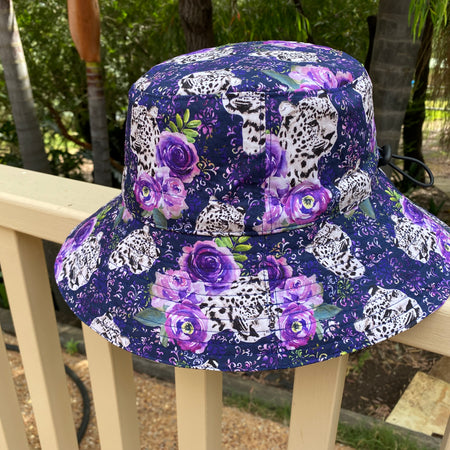 Large Adult Bucket Hat Snow Leopard Floral on Navy