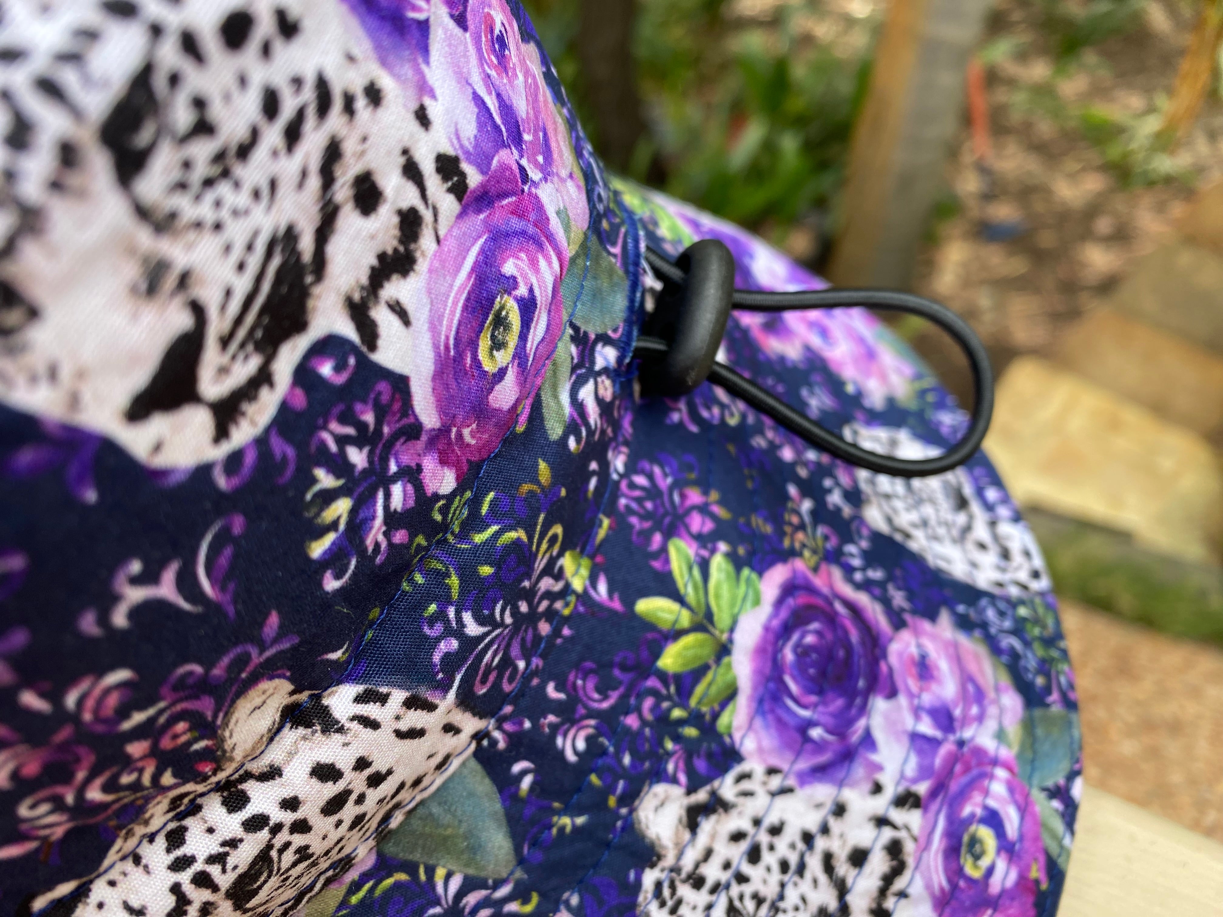 Large Adult Bucket Hat Snow Leopard Floral on Navy