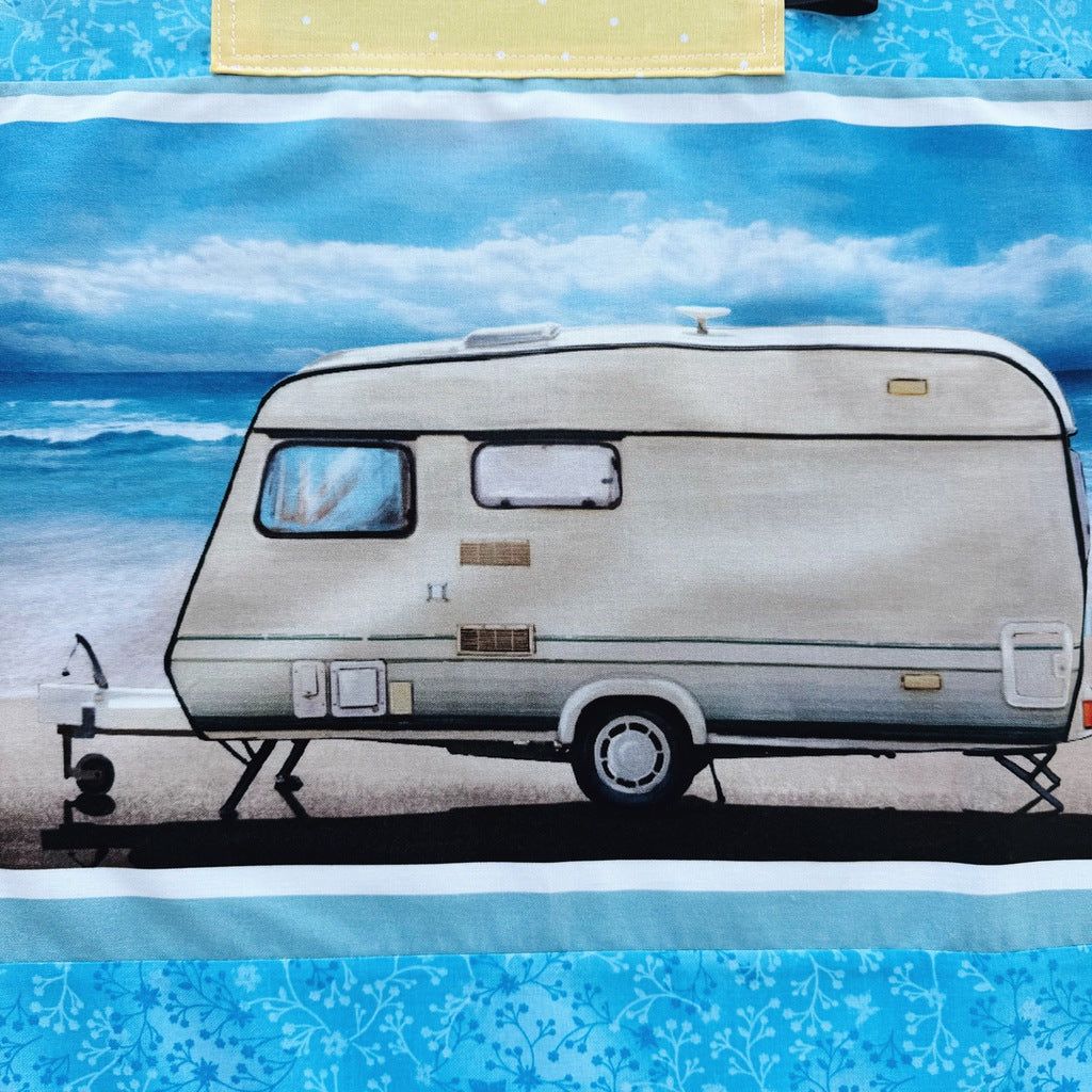 Retro caravan pinafore ladies apron with pocket.