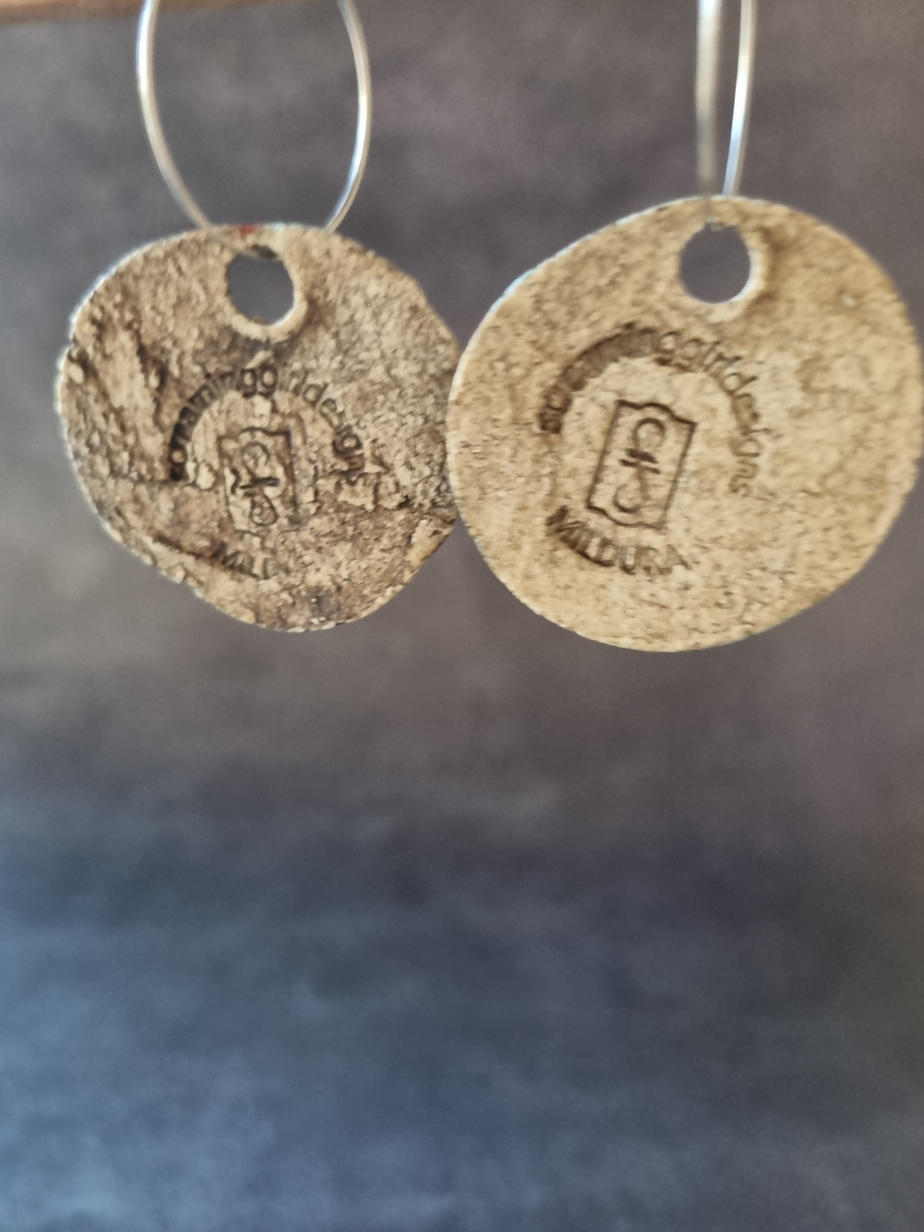 Handmade Stoneware Ceramic Earrings, pink-mustard-green multi-coloured, 35mm diameter, pierced ears