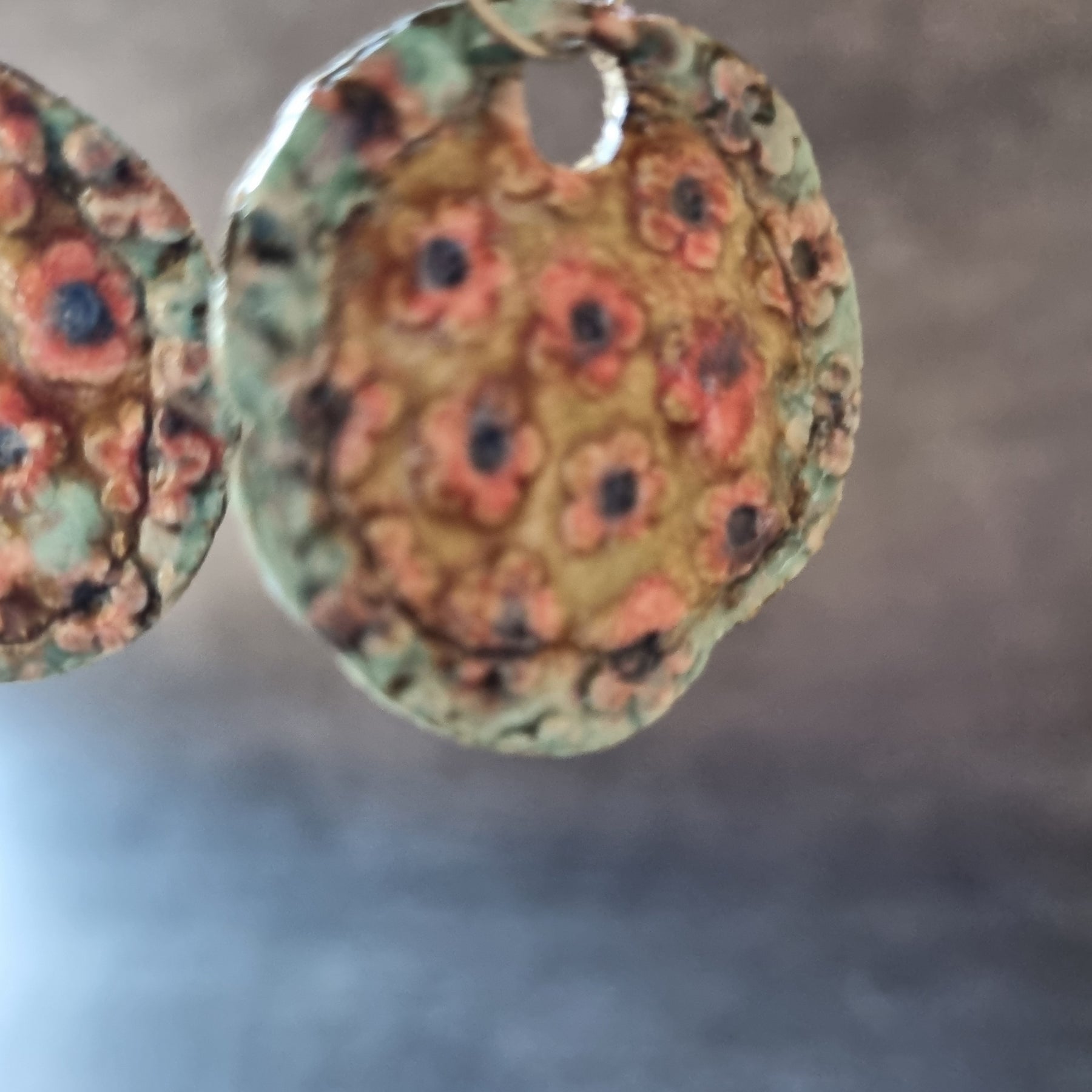 Handmade Stoneware Ceramic Earrings, pink-mustard-green multi-coloured, 35mm diameter, pierced ears
