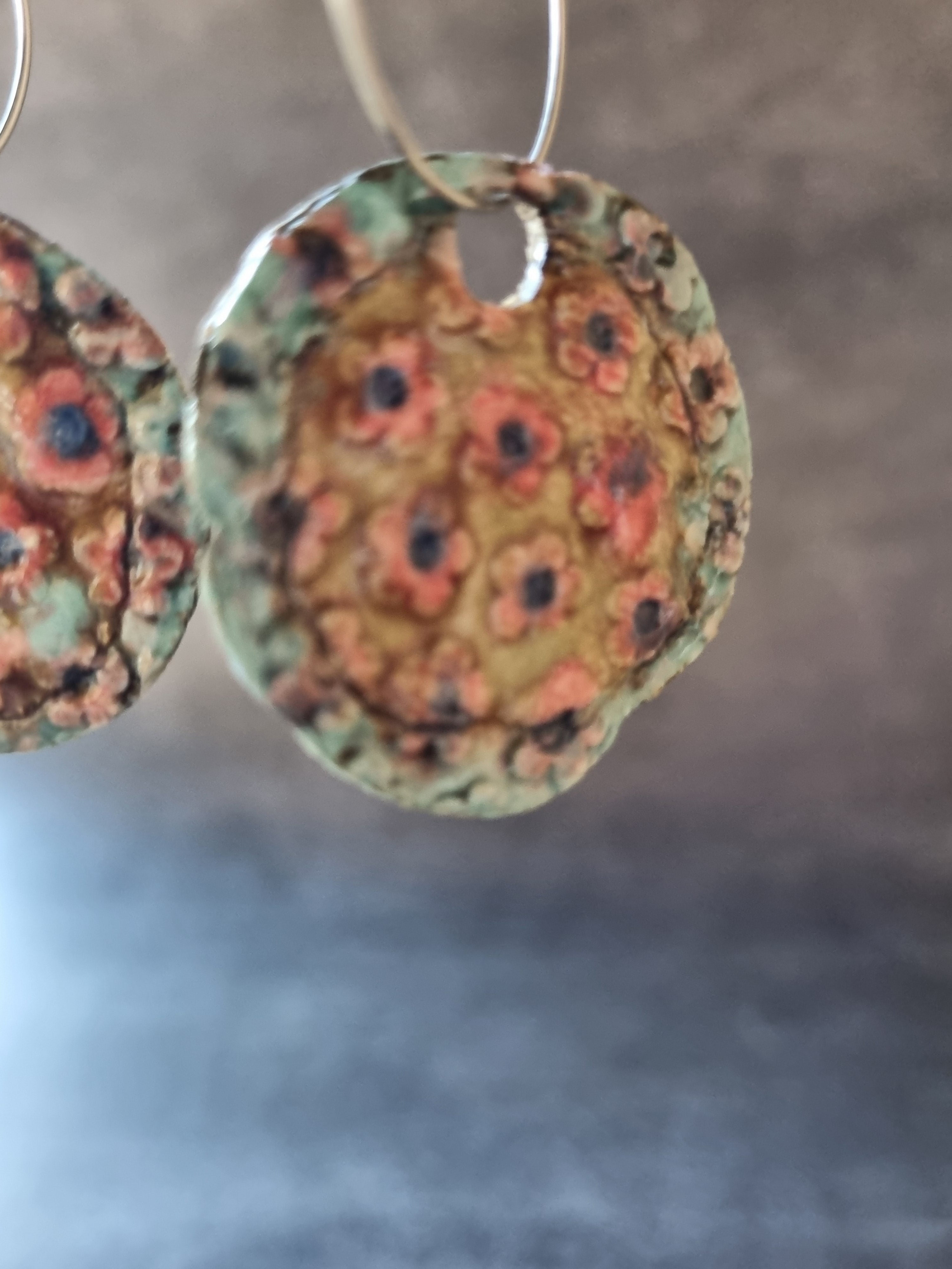 Handmade Stoneware Ceramic Earrings, pink-mustard-green multi-coloured, 35mm diameter, pierced ears