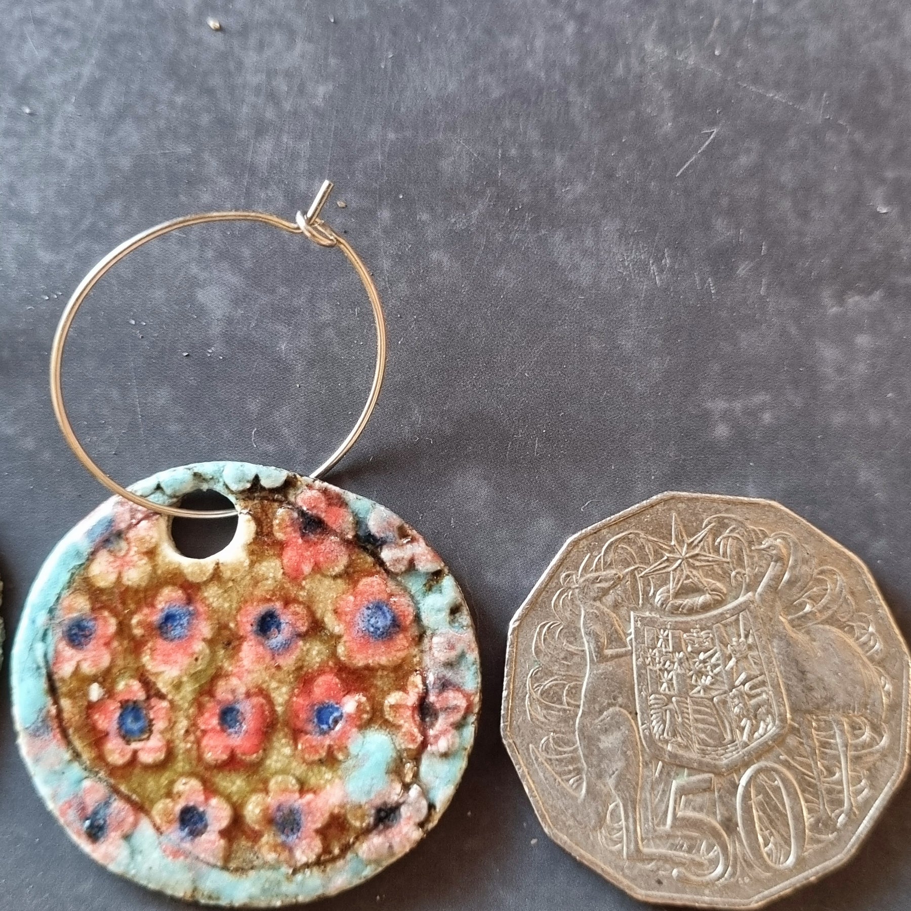 Handmade Stoneware Ceramic Earrings, pink-mustard-green multi-coloured, 35mm diameter, pierced ears
