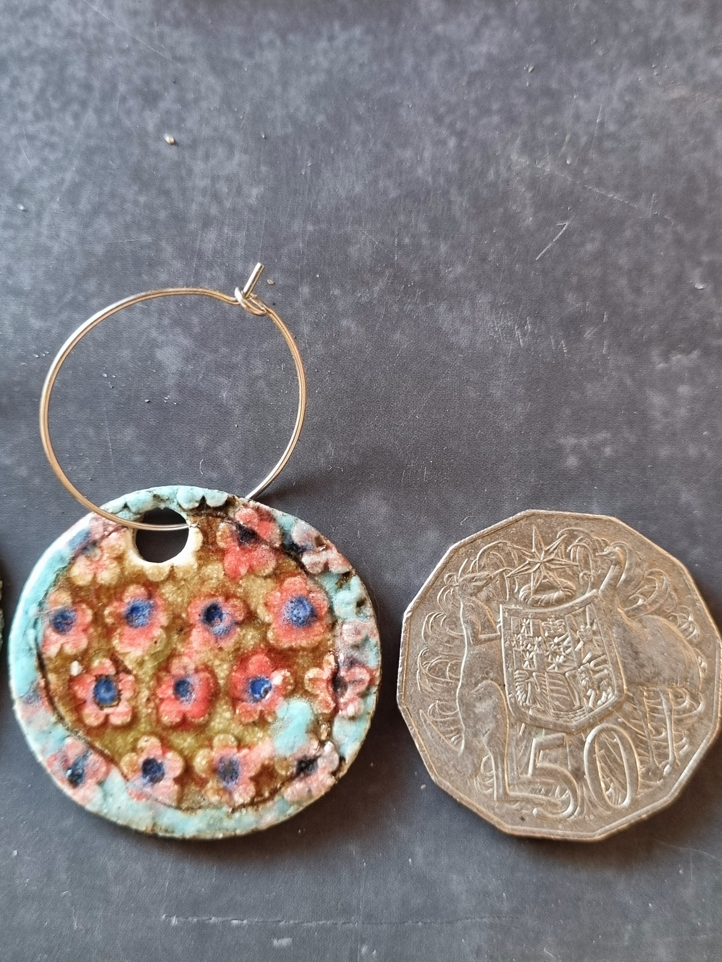 Handmade Stoneware Ceramic Earrings, pink-mustard-green multi-coloured, 35mm diameter, pierced ears