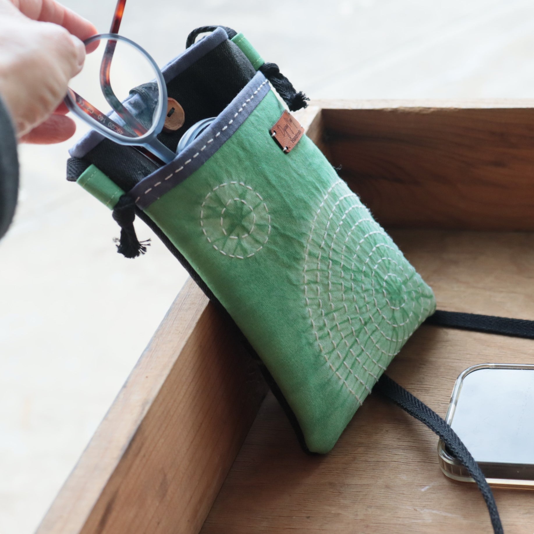 Tie Dyed Cross Body bag for Phone and Glasses, green, upcycled jeans