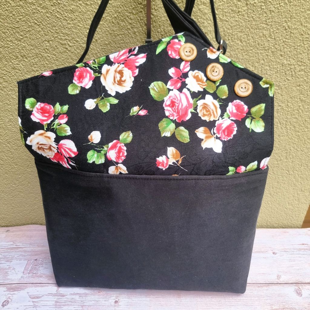 Upcycled assymetrical crossbody messenger bag - black & pink with roses