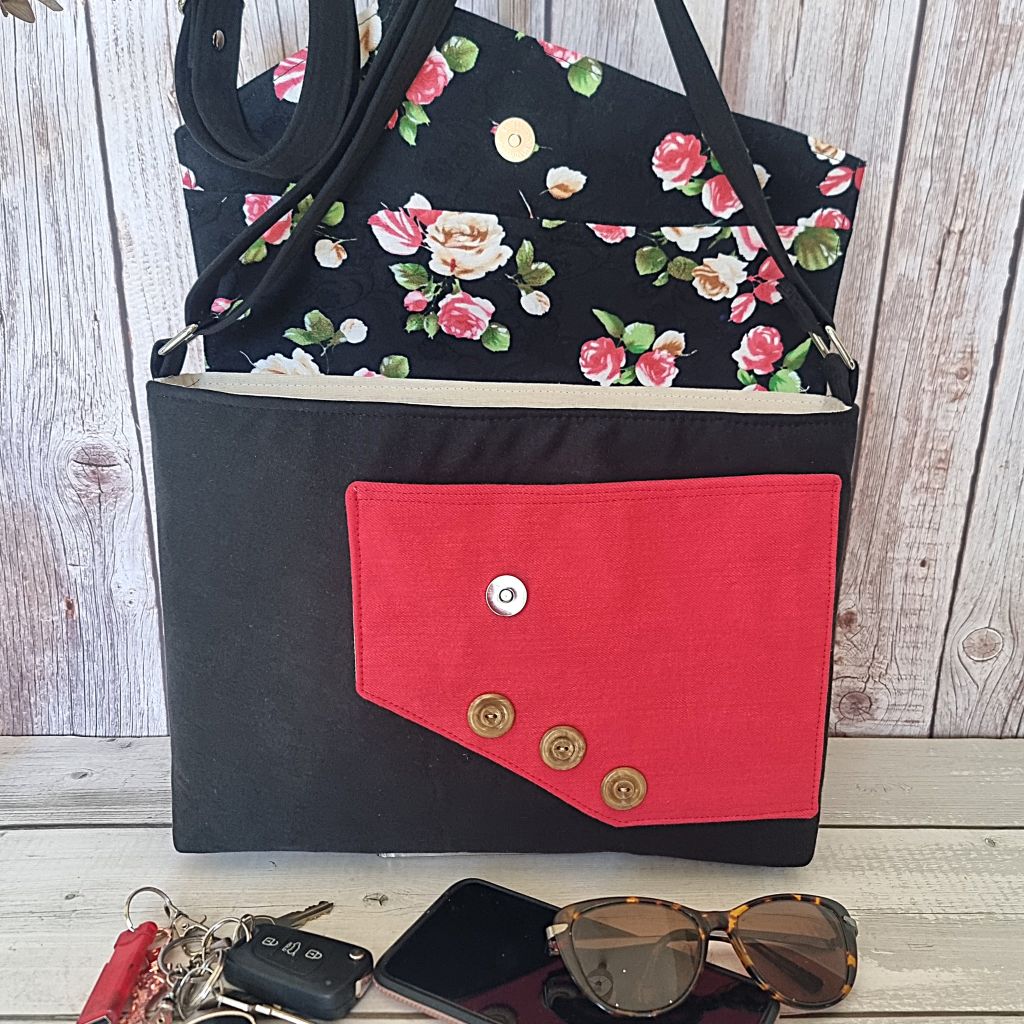 Upcycled assymetrical crossbody messenger bag - black & pink with roses
