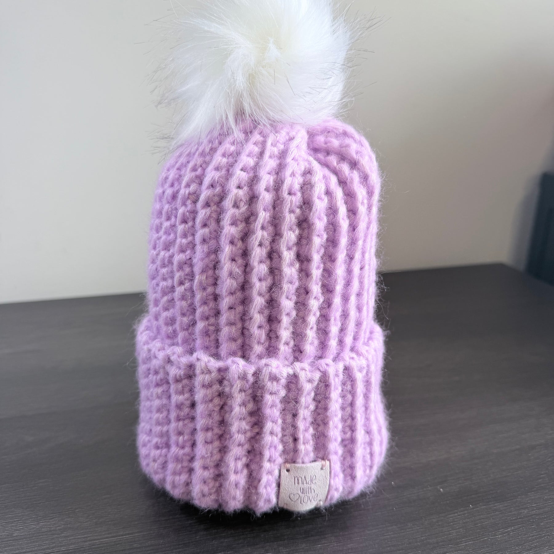 #115 Childs Beanie with faux fur bobble