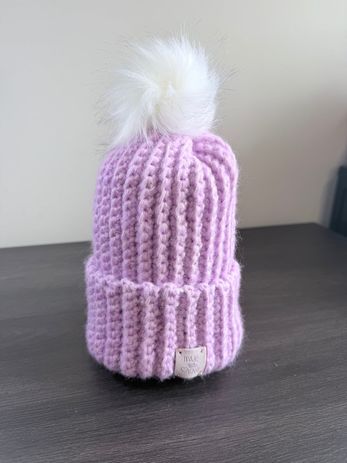 #115 Childs Beanie with faux fur bobble