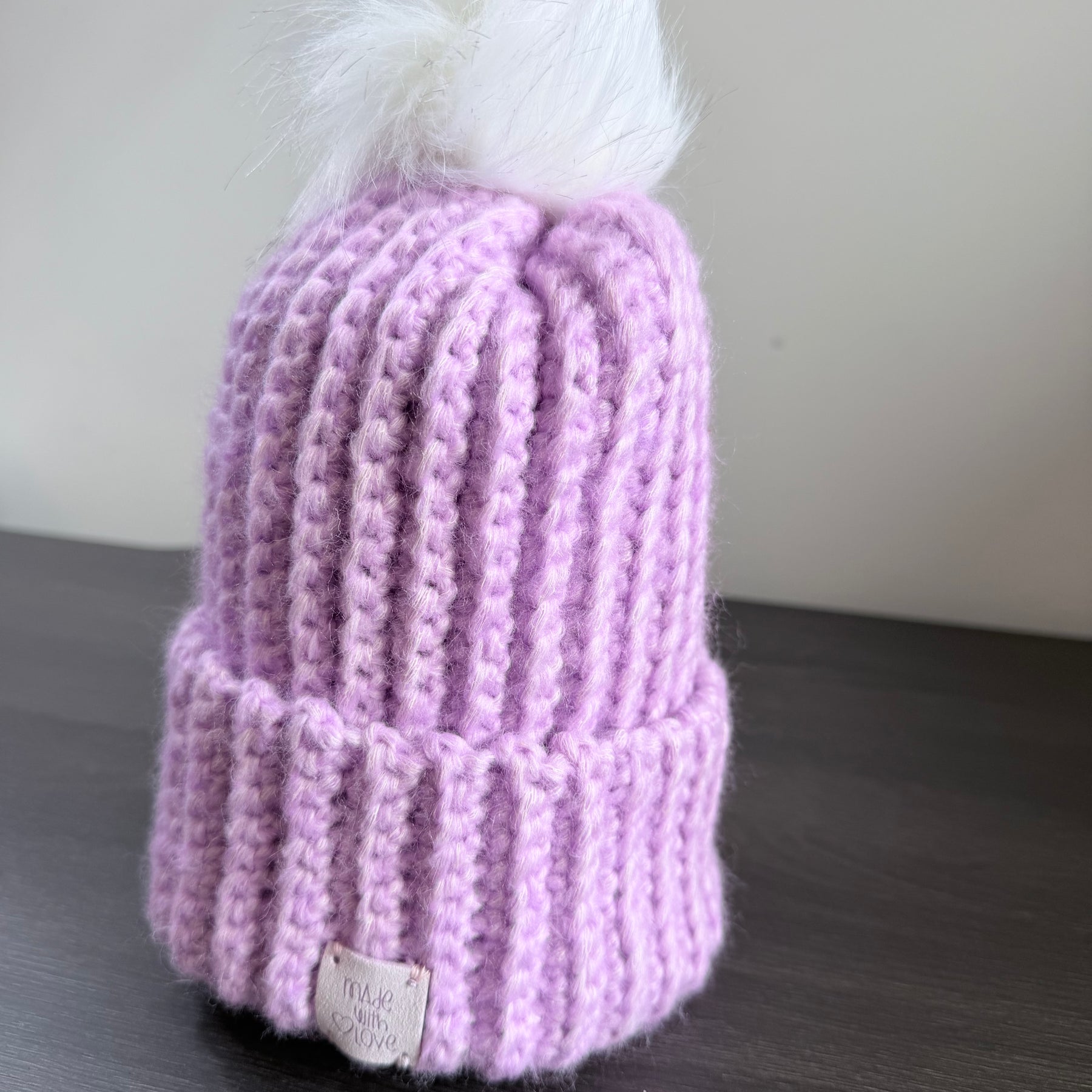 #115 Childs Beanie with faux fur bobble