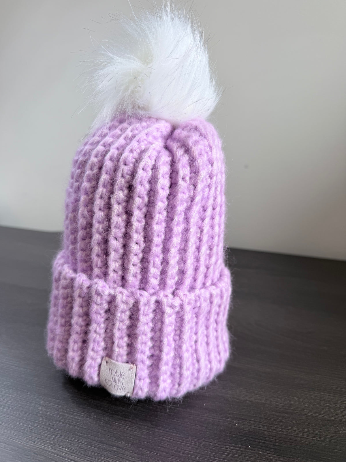 #115 Childs Beanie with faux fur bobble