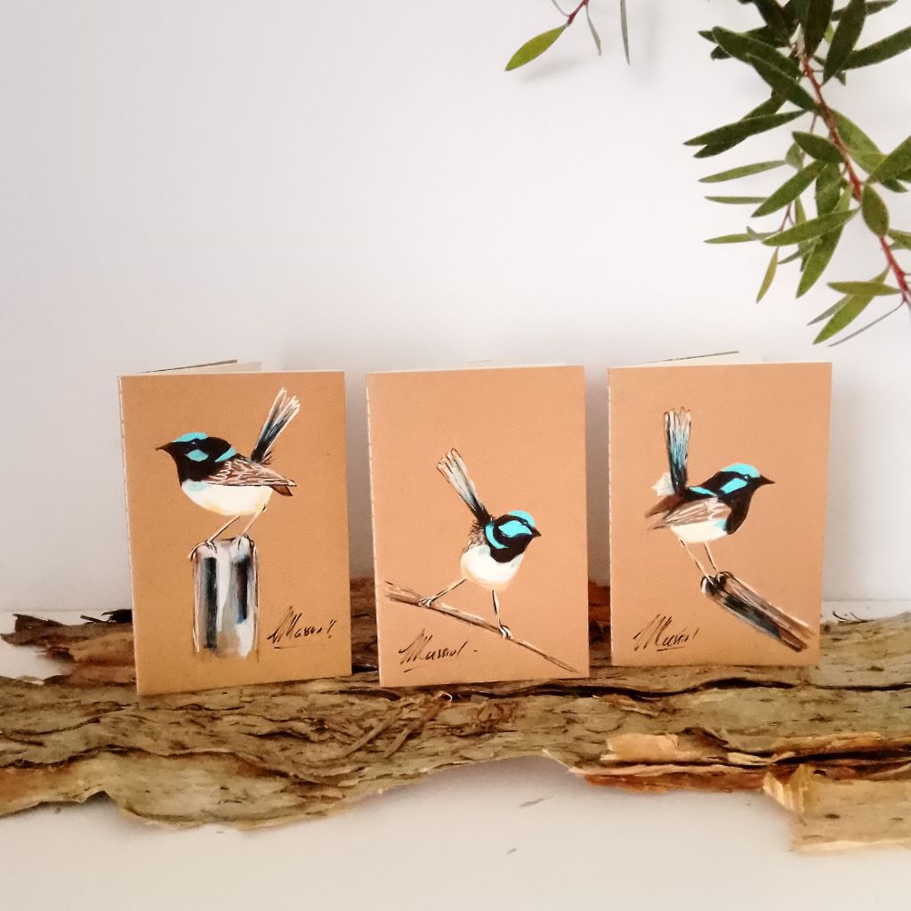 Pocket Handpainted Notebooks - Blue Wren. Single or set of 3