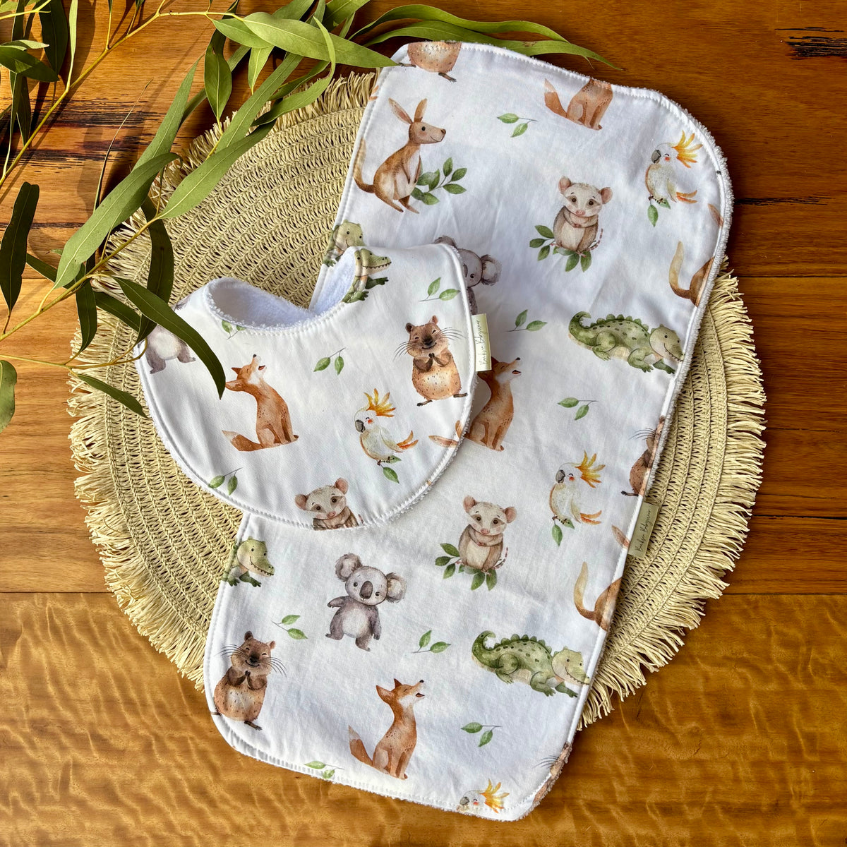 Baby Bib and Burp Cloth Set | More Green and White Aussie Animals | Made to Order