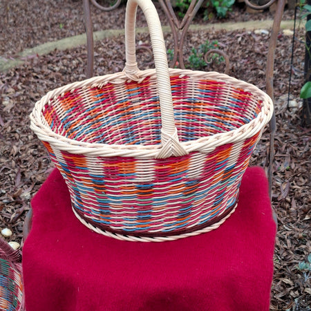 Large Round Market Basket brown, blue, orange, red and natural.