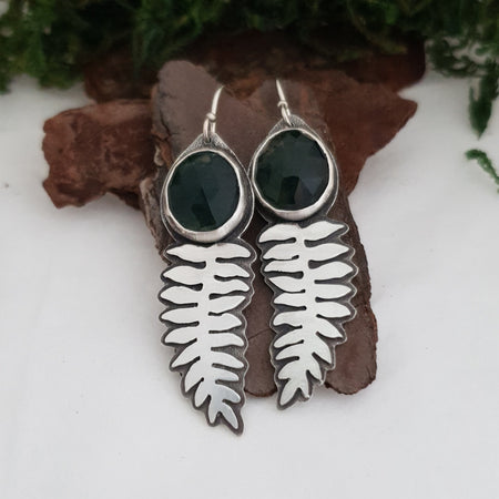 Silver fern earrings with moss agate