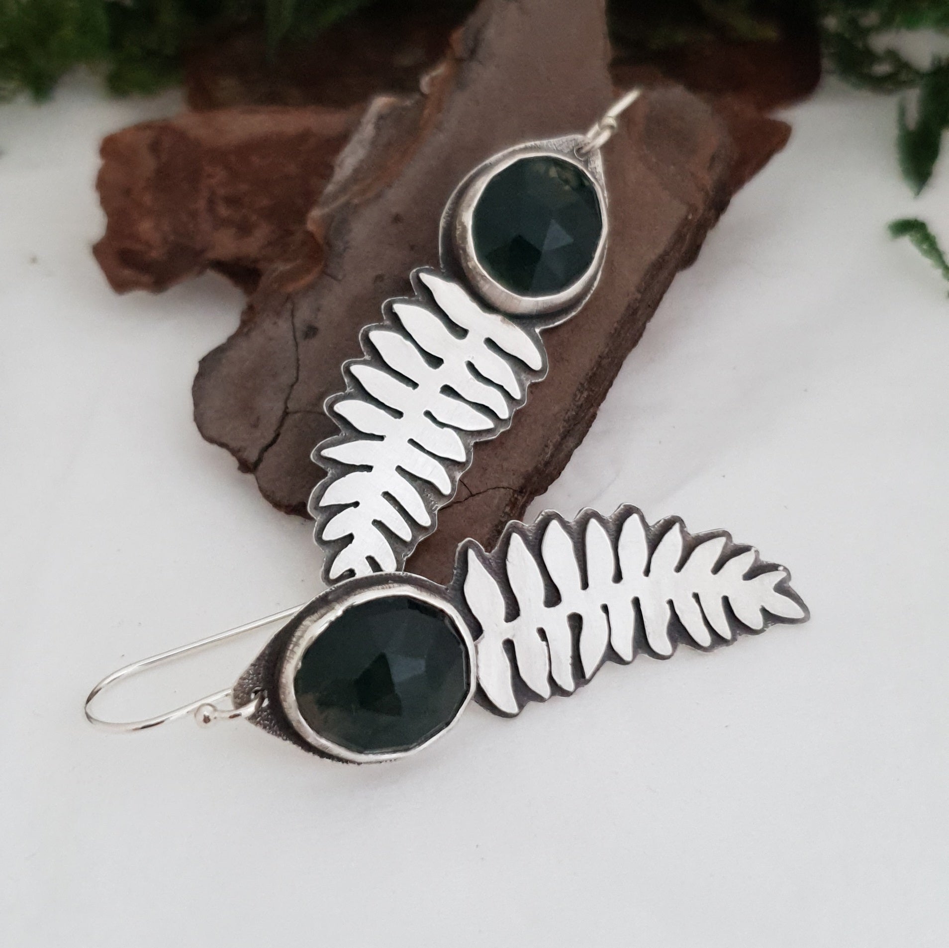 Silver fern earrings with moss agate
