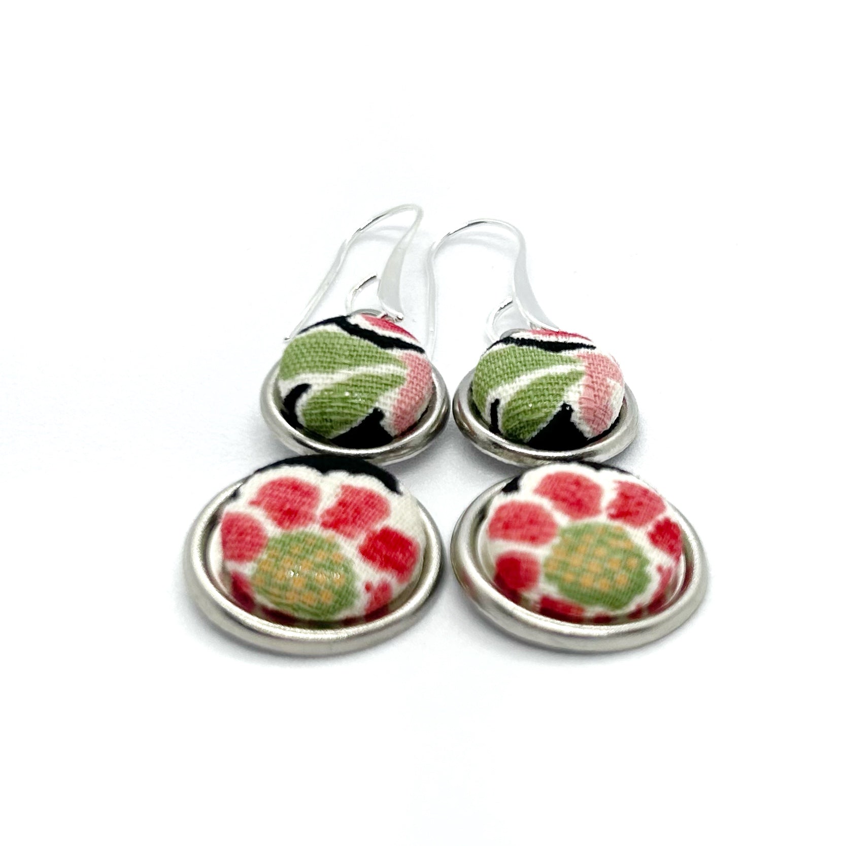 Double Drop Kimono Fabric Button Earrings - Red Floral