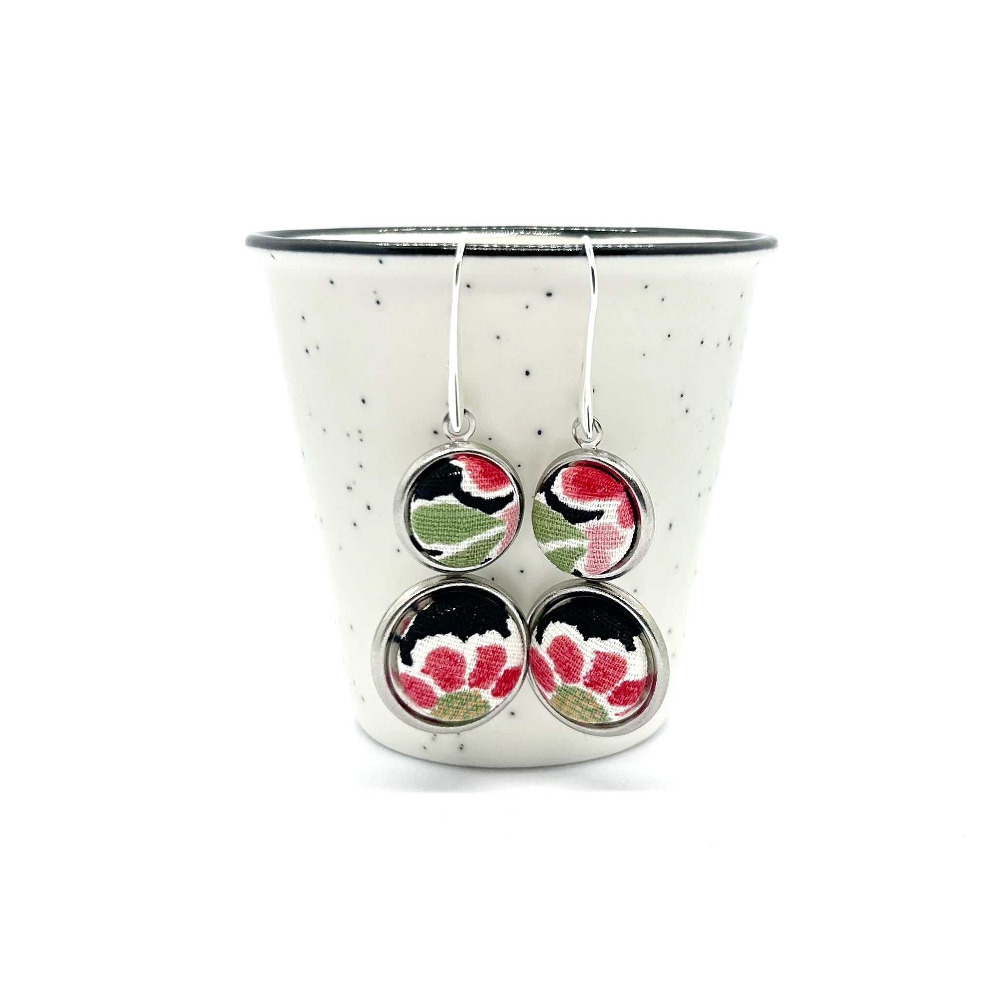 Double Drop Kimono Fabric Button Earrings - Red Floral