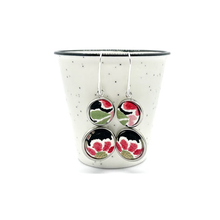 Double Drop Kimono Fabric Button Earrings - Red Floral