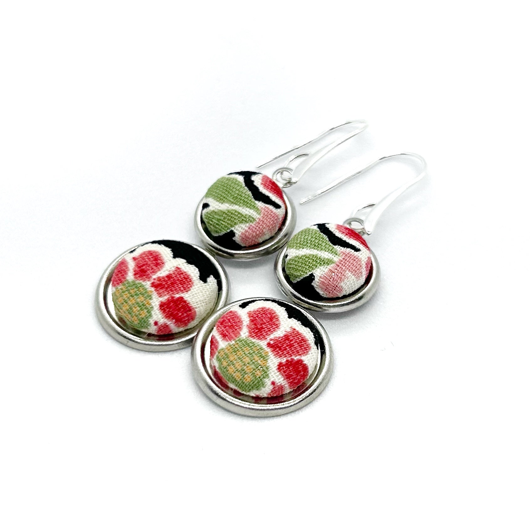 Double Drop Kimono Fabric Button Earrings - Red Floral