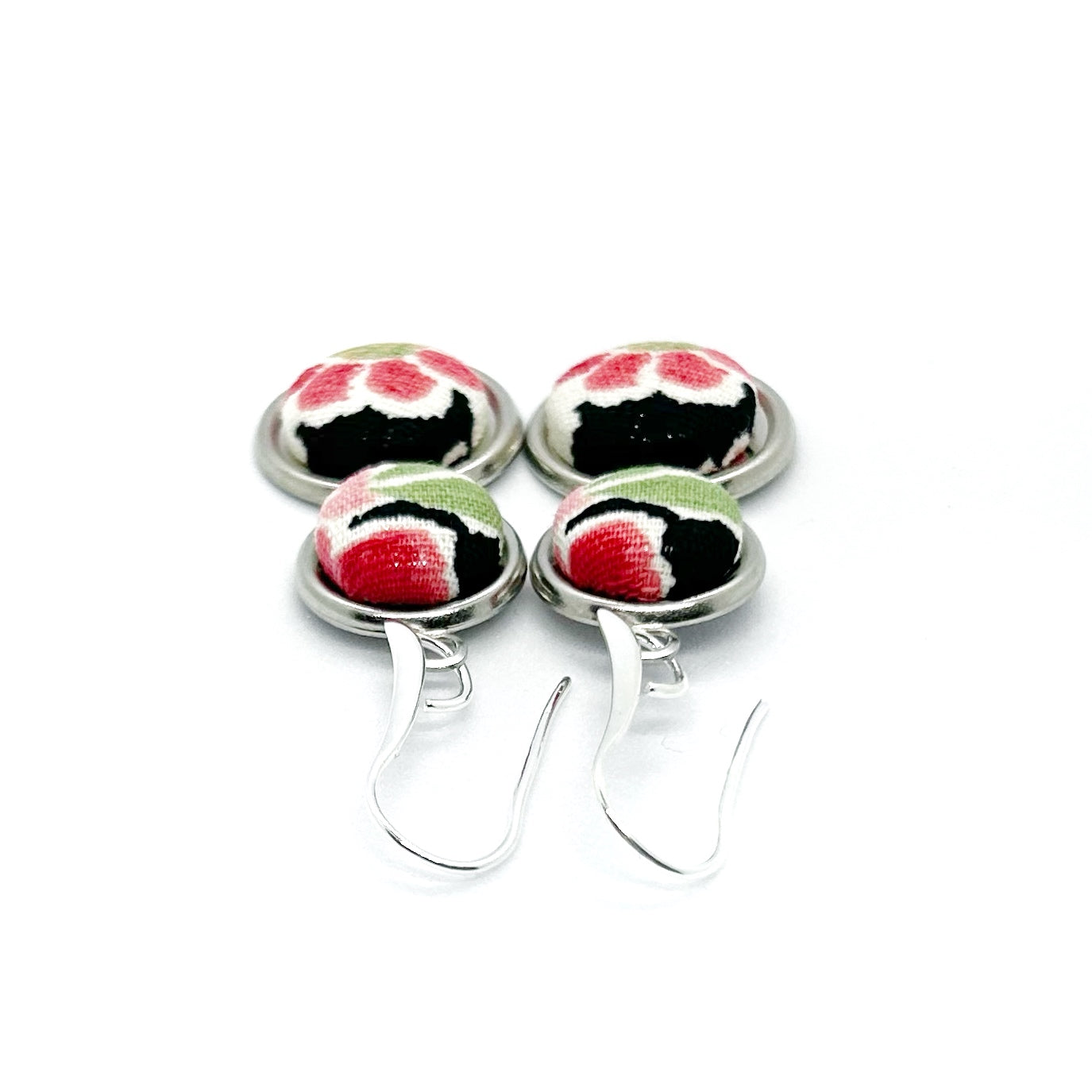 Double Drop Kimono Fabric Button Earrings - Red Floral