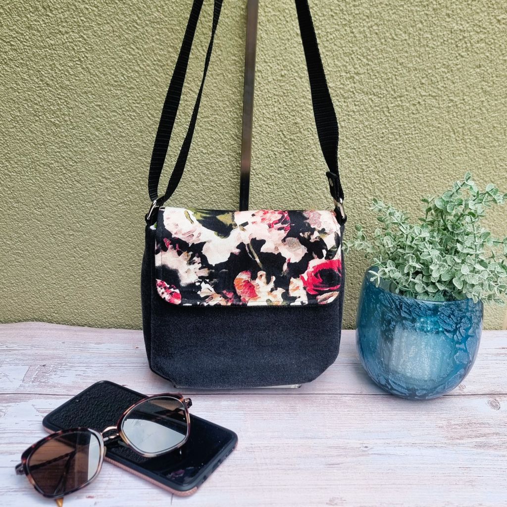 Upcycled mini crossbody messenger bag - black & abstract floral