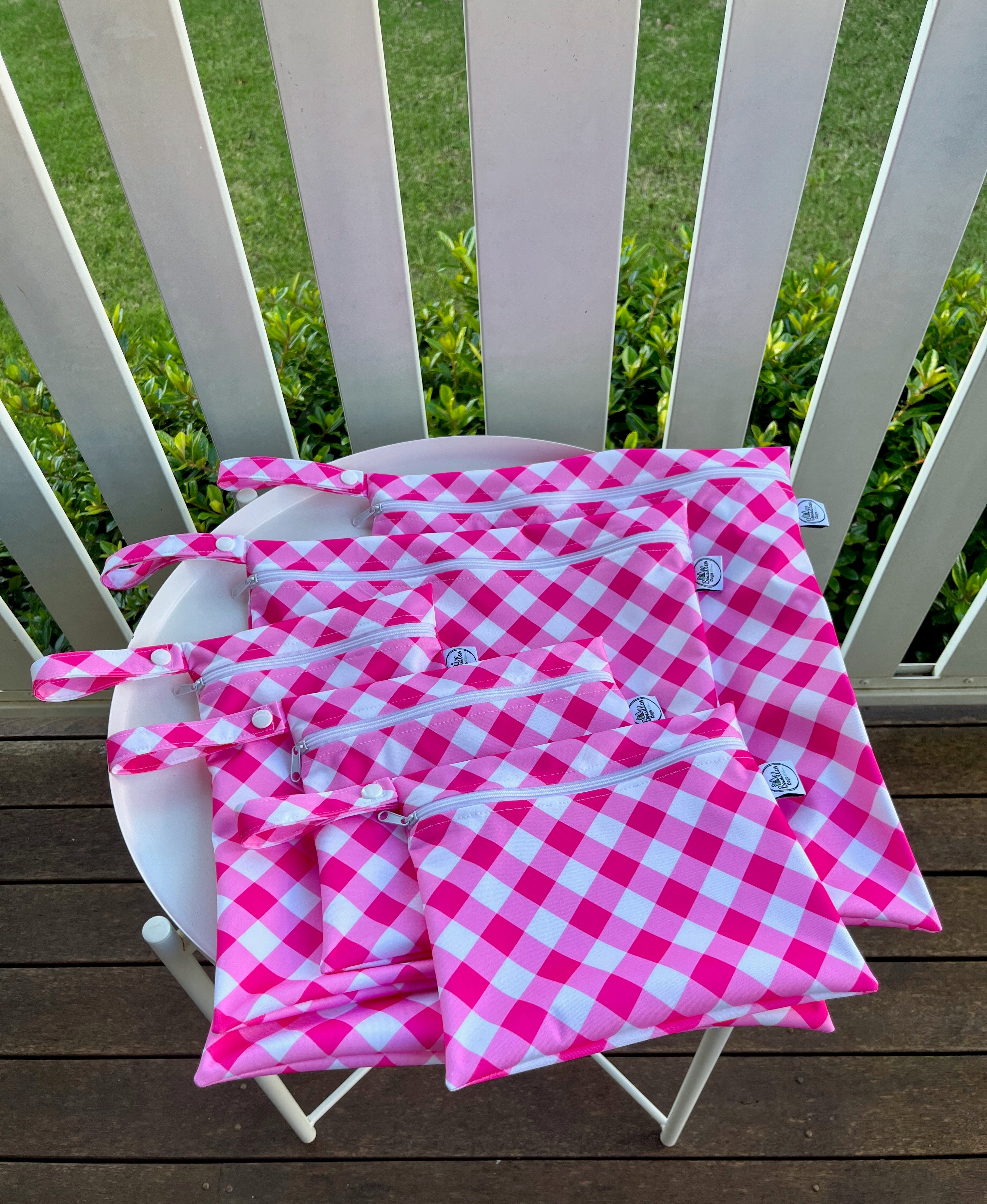 PRE-ORDER Water-resistant wet bags (Love Blooms Pink Gingham - Annette Winter Designs)