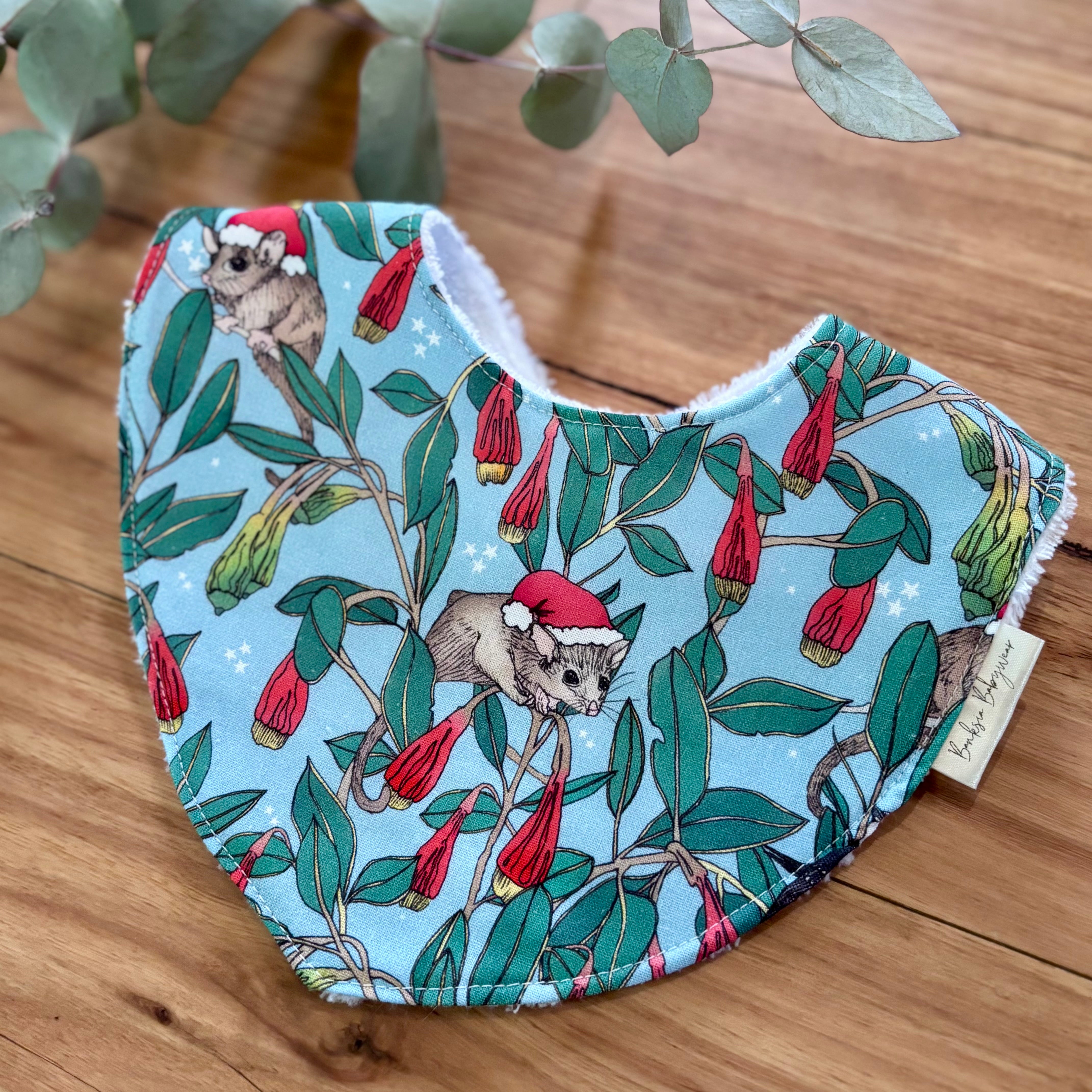 Christmas Baby Bib and Bow Set - Blue Possums