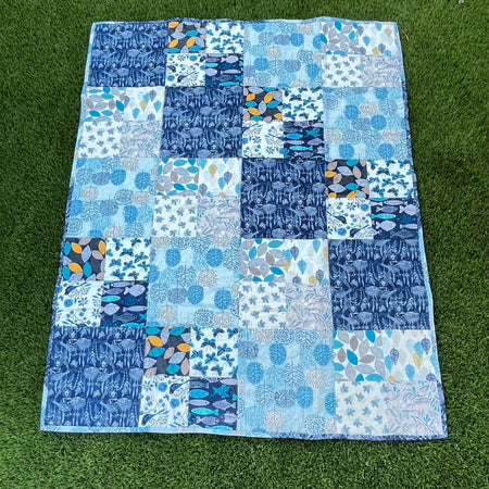 Handmade Baby Play Mat Quilt — 100% Organic Cotton | Reversible | Blue Tones