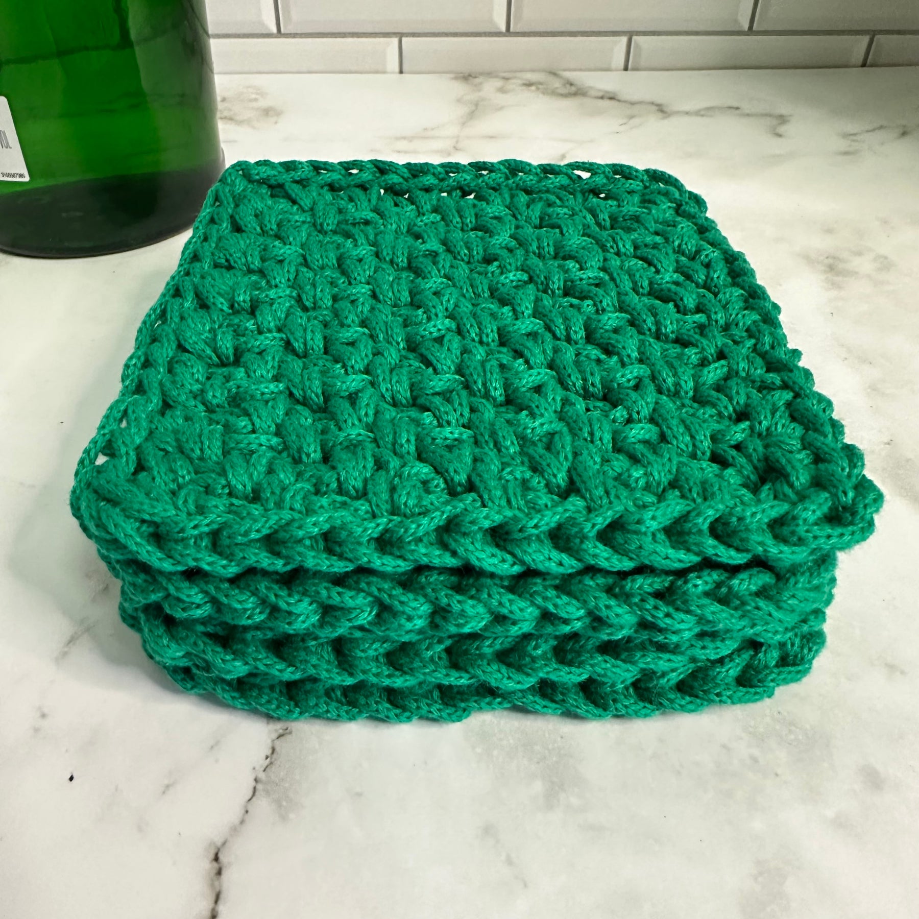 Handmade Emerald Green Braided Yarn Crocheted Coasters