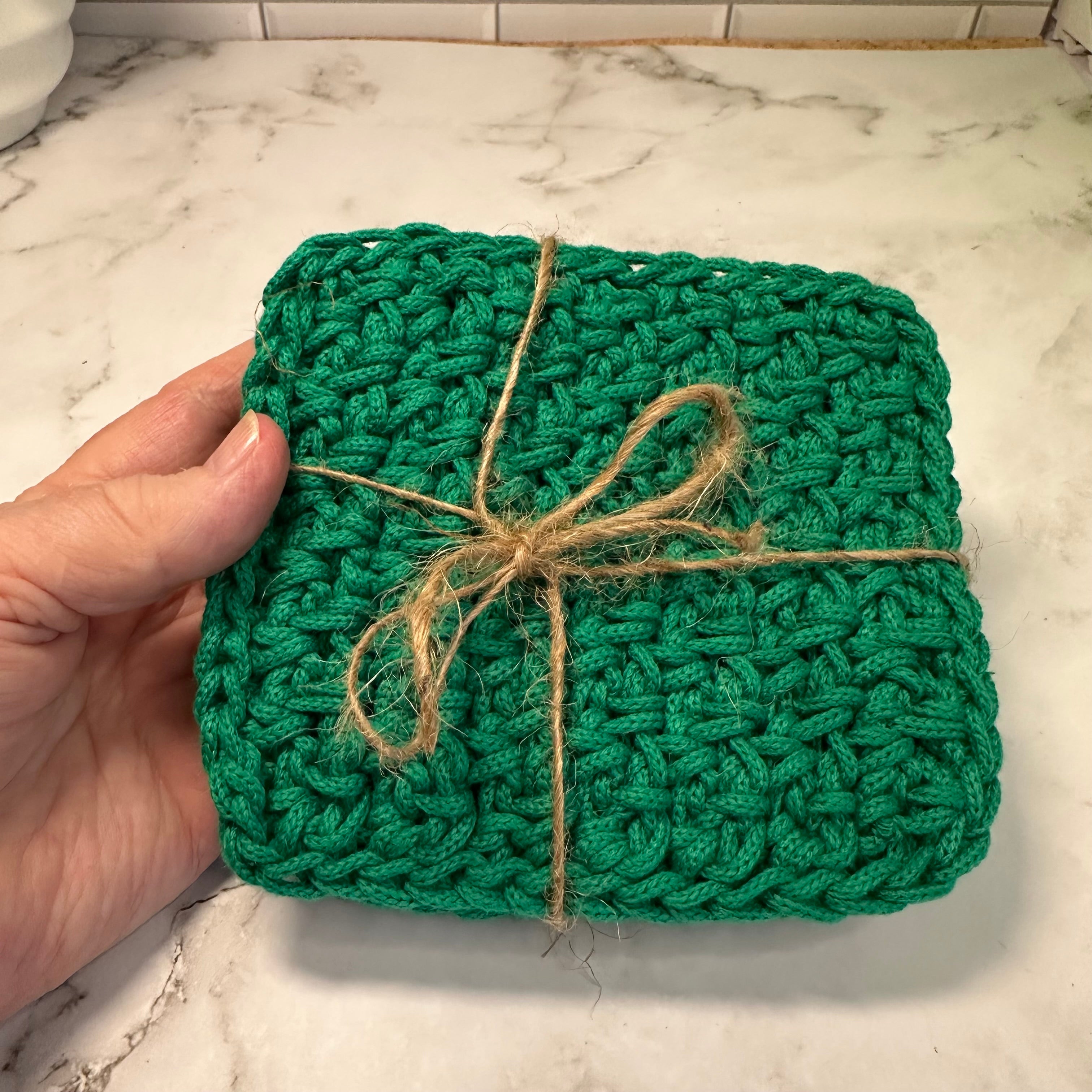 Handmade Emerald Green Braided Yarn Crocheted Coasters