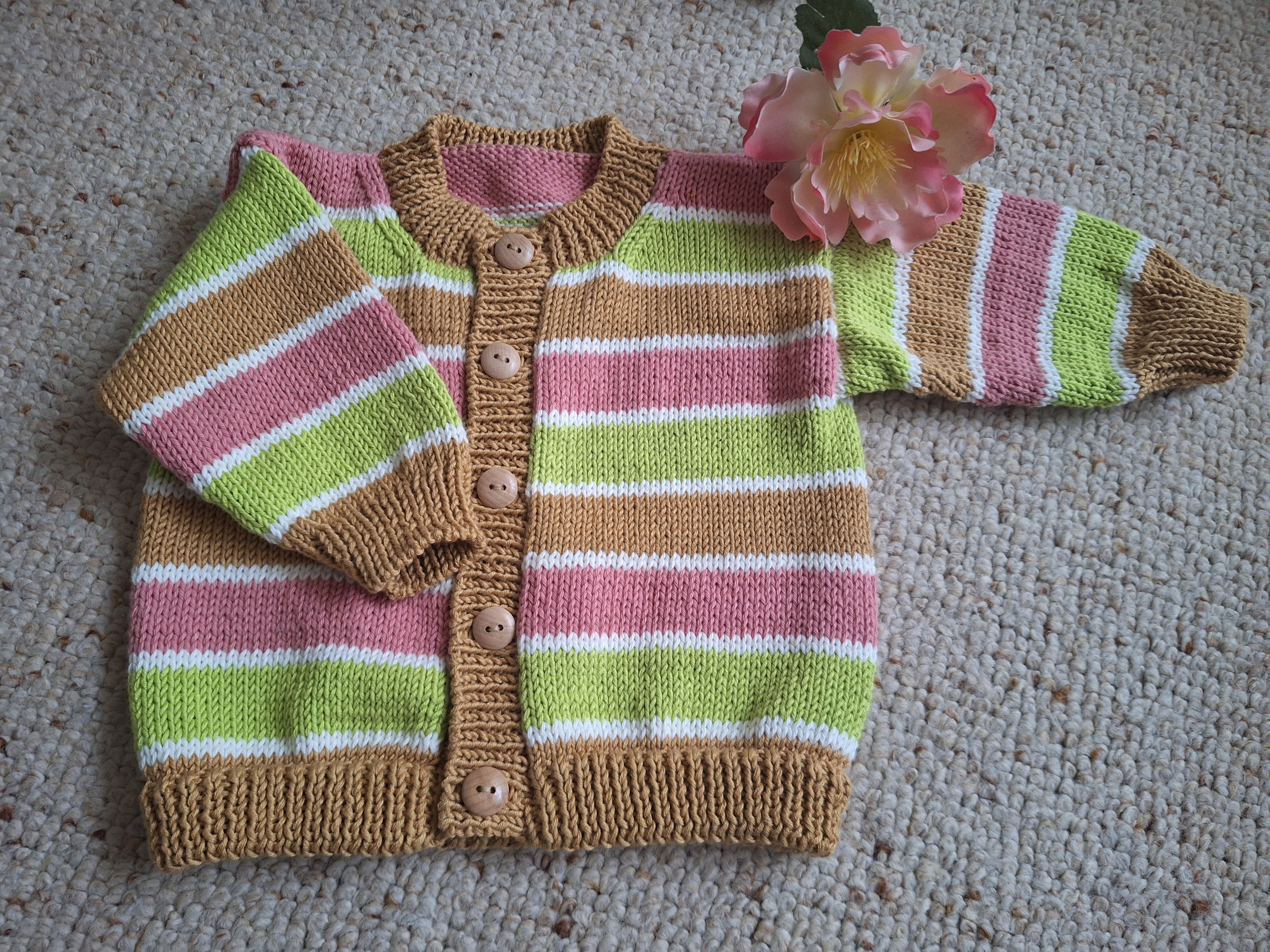 Baby Cardi Handknitted. Contemporary shape & colours - Sz 6-12 mths