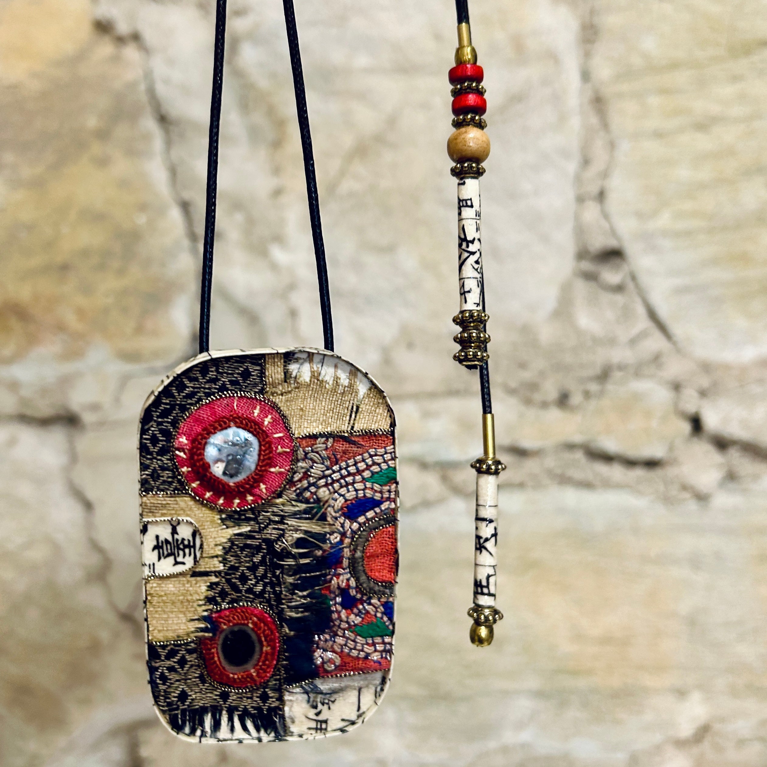 Large Antique Textile Pendant Necklace Brooch: 5.5cm x 8.5cm