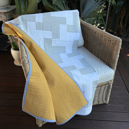 Coastal Calm Quilt - Cream, Blue & Mustard Geometric design