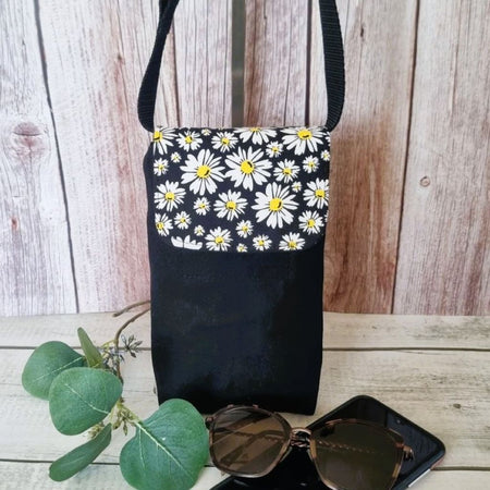 Upcycled handmade medium phone messenger bag - black & white daisies