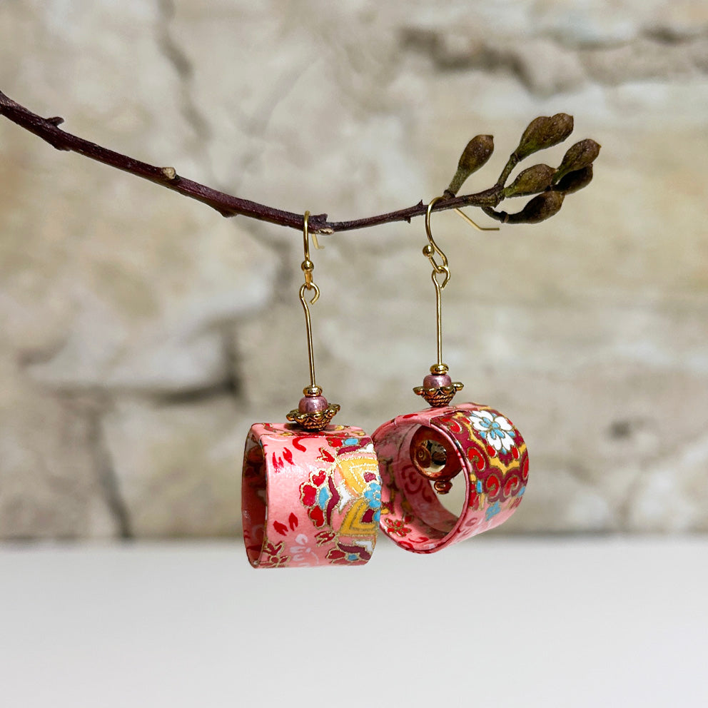 Earrings Floral Japanese Washi Paper Pink - EB-85