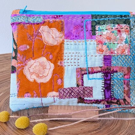 Zipper Pouch - Textile Collage - Flower Power